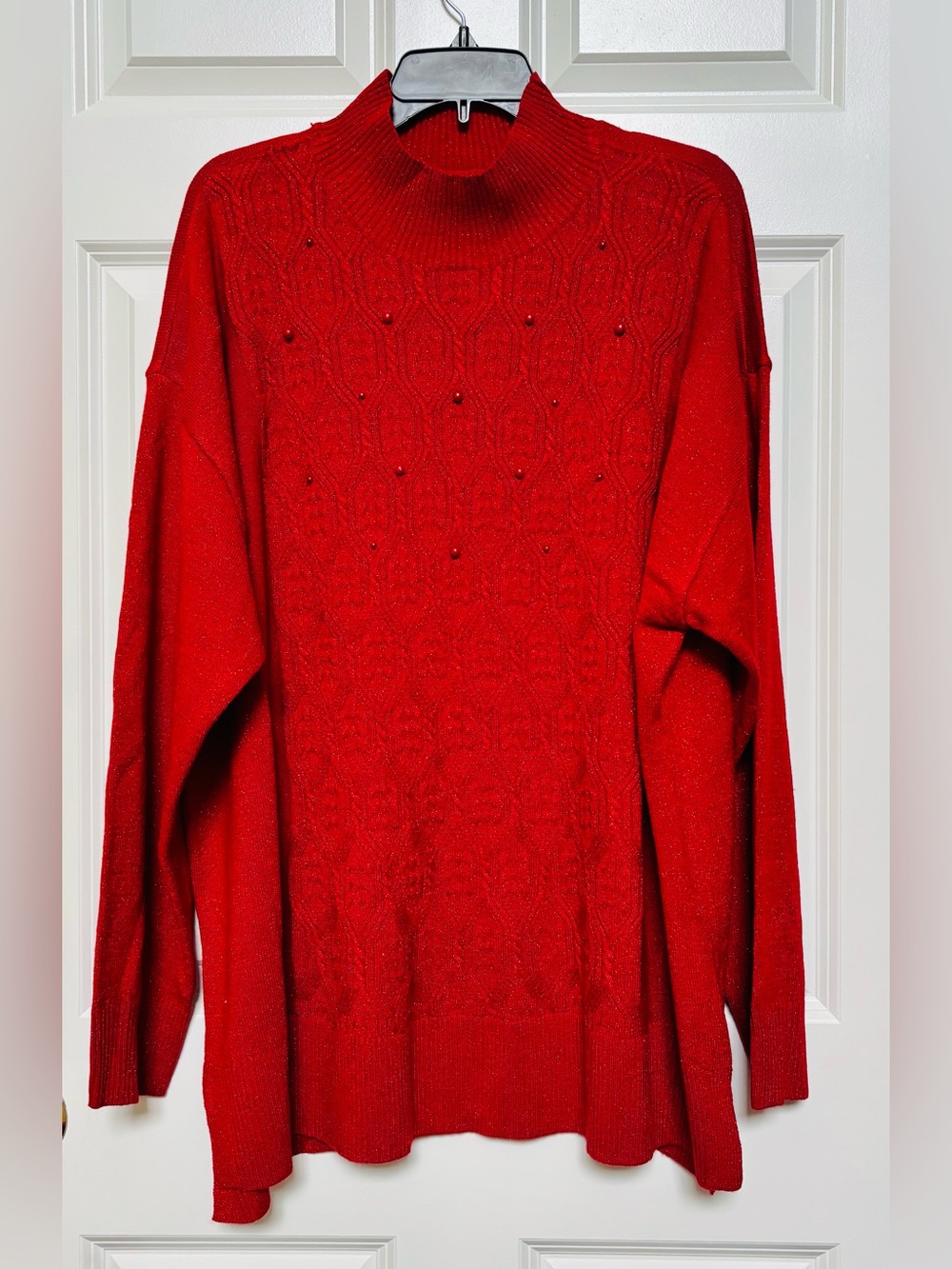 Red Beaded Mock Neck Women's Sweater